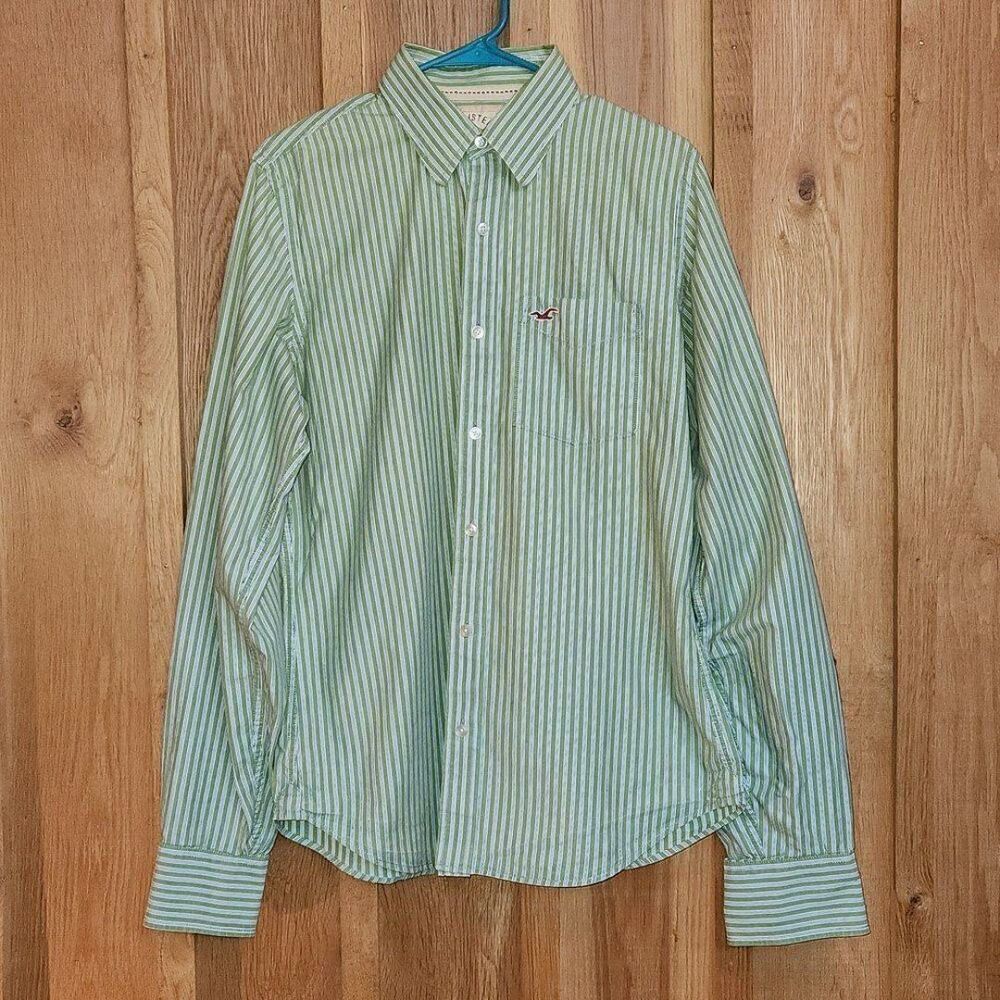 Hollister Button Down Long Sleeve Casual Shirt, Large, Green Blue White Stripes